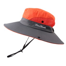 PESAAT Women Men Fishing Hat Summer Sun Hats for Women UV Protection Wide Brim Bucket Hats with Ponytail-Hole (Orange-B)