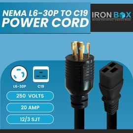 IronBox Electric NEMA L6-30P to C19 Power Cord - 20Amp, 250V, 12/3 SJT - UL Listed Heavy Duty Power Extension Cable for Generator, Data Centers, Outdoor Use, High-Powered Applications & More (12 ft)