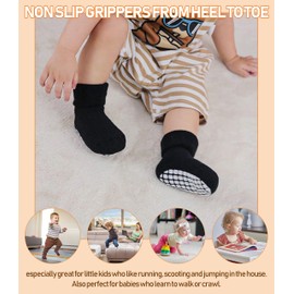 LANLEO Baby Girls Boys Non Slip Socks with Grips Toddler Kids Unisex Warm Thick Cotton Ankle Crew Socks with Grippers 2 Black 2 White 2 Gray,3-12 Months