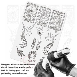 Piel de práctica de tatuaje diminuta preimpresa de doble cara con plantilla Pieles de tatuaje de línea fina blancas/rosas para entrenamiento de tatuajes (1 pieza de piel de tatuaje blanca)
