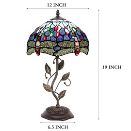 WXCFCD Tiffany Table Lamp Stained Glass Desk Lamp 12X12X19 Inches Reading Light Decor Bedroom Living Room (Blue Purple Dragonfly Style)