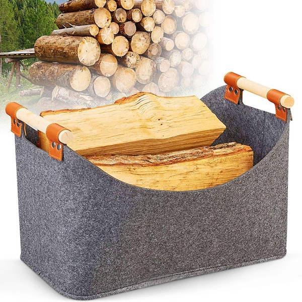 Forhome Wooden Basket for Firewood, Felt Bag, Wooden Basket for