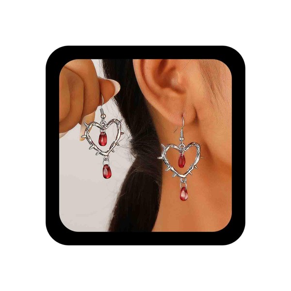 Cybche Thorn Heart Dangle Earrings Silver Hollow Heart Earrings Gothic