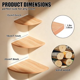 Plliocse Corner Shelf Wall Mounted,Floating Corner Shelves Oak,Set of 3 Solid Wooden Corner Shelf for Bedroom Decor, Living Room, Small Spaces (Beech（5.9inch）)