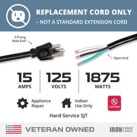 Iron Forge Cable 12 Gauge Power Cord Replacement - 15ft,15 Amp Black Heavy Duty, 12/3 SJT 3 Prong Cable - for Appliances & Power Tools, NEMA 5-15P