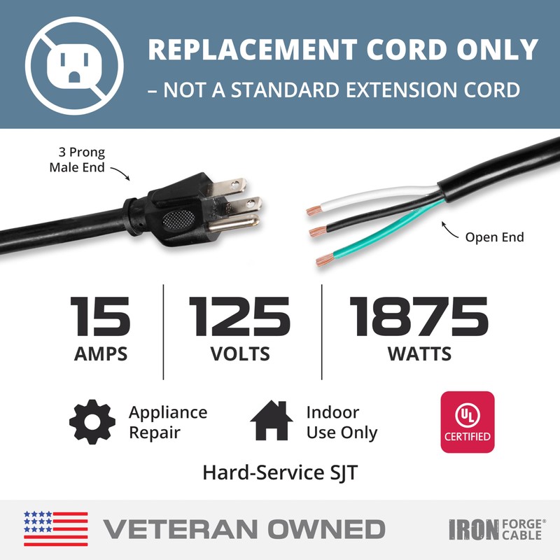 Iron Forge Cable 12 Gauge Power Cord Replacement - 15ft,15