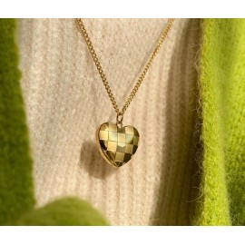 DAINTY Women Girl Titanium Stainless Steel Gold Checkerboard Heart Love Necklace 16-18"