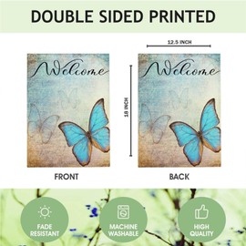 Mugod Retro Butterfly Garden Yard Flag 12.5x18" Double Sided, Vintage Blue Butterflies Small House Flag Burlap Banners for Patio Lawn Outside