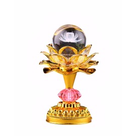 Omeet Colorful LED Crystal Ball Lotus Buddhist Lamp, Built 53 Buddhist Songs, Gradient Buddha Light for Worship, Prayer and Display, Low Power Consumption, Eco, Buddhist Supplies - Gold