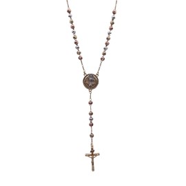 Catholic Rosary Beads Necklace Silver Rose and Gold Tone Tricolor Ball Chain