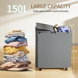 Yecaye 150L Laundry Hamper with Wheels, Rolling Laundry Basket with Lid and 2 Removable Laundry Bag, Large Capacity 2 Section Clothes Hampers for Laundry Room, Bedroom, Bathroom, Dorm, Grey