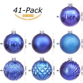 Sea Team 41-Pack Christmas Ball Ornaments with Strings, 60mm/2.36" Medium Size Baubles, Shatterproof Plastic Christmas Bulbs, Hanging Decorations for Xmas Tree, Holiday, Wedding, Party, Blue