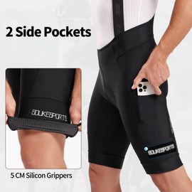Souke Sports Men's Padded Cycling Bib Shorts with 2 Side Pockets Bike Bib Pants with High Stretch Straps Anti-Slip Leg Grips Black