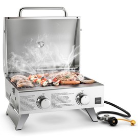 HAPPYGRILL 2-Burner Portable Gas Grill with Lid, 20,000 BTU Stainless Steel Propane Grill with Handle, Top Thermometer & Extra Flame Rod, Foldable Legs, Outdoor BBQ Grill for Camping Hiking Picnic