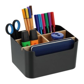 Relaxdays Desk Organiser, 5 Compartments, Plastic and Wood, Bathroom Organiser, Modern, H x W x D: 9.5 x 18 x 15 cm, Black