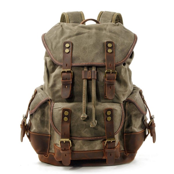 WUDON Men Travel Backpack, Genuine Leather-Waxed Canvas Shoulder Hiking Rucksack (Green)