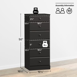 Prepac Prepac Astrid Tall Black Dresser for Bedroom: 16.5"D x 19.75"W x 50"H, 6-Drawer Chest for Bedroom by Prepac - Perfect Chest of Drawers for Ample Storage in Narrow Spaces