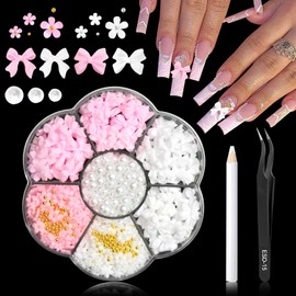 RODAKY Pink Bow Nail Charms Cute 3D Pearl Flower Nail Art Decorations Flatback Resin Bowknot Charms for Acrylic Nails Cute Kawaii Pretty Nail Charms for Women's Manicure DIY Supplies