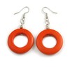 55mm Long/Round Orange Painted Wood Drop Earrings