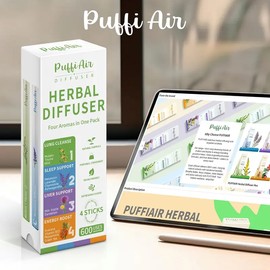 PuffiAir 4-in-1 Wellness Herbal Diffuser Bundle - Natural Plant-Based Portable Aromatherapy for Energy Sleep Liver & Lung Support - 600 Uses Per Stick - Safe Inhalation Lab Verified Non-GMO Botanicals