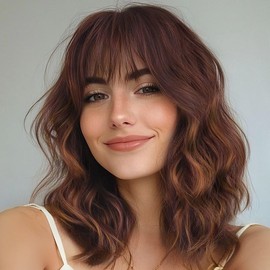 Nnzes Short Wavy Wig with Bangs for Women Shoulder Length Bob Curly Women's Charming Synthetic Natural Wavy Brown highlight Heat Resistant Hair for Daily Party Use