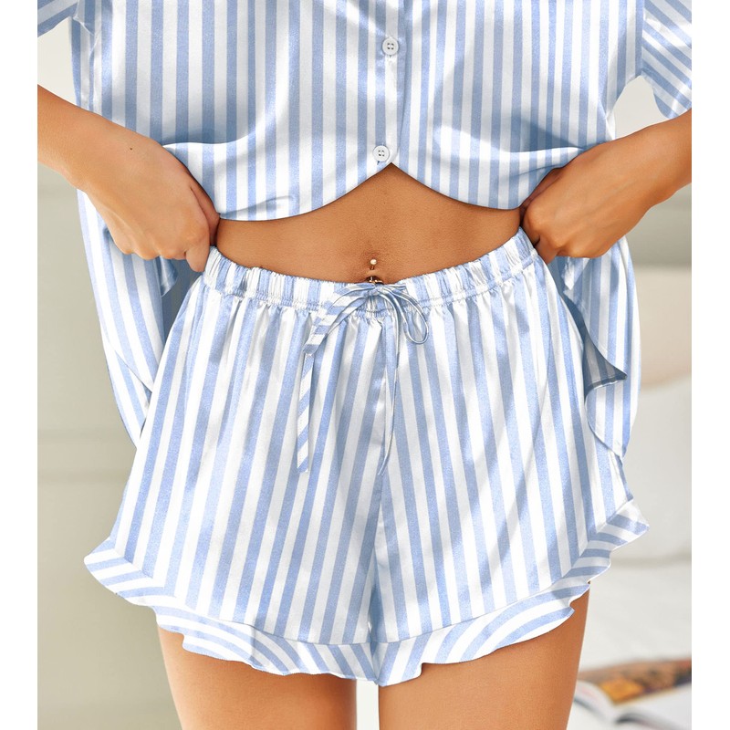 Hotouch Womens Satin Pajamas Short Sleeve Notch Collar Button Up