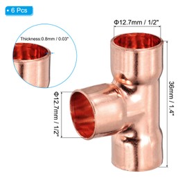 PATIKIL 1/2" (12.7mm) ID 0.8mm Thick Tee Copper Fitting, 6Pcs 99.9% 3 Way Pure Copper Pipe Fitting Tube Connector with Sweat Solder Connection for Plumbing HVAC Refrigeration System