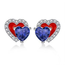 Qings September Birthstone Sapphire Stud Earrings Sterling Silver Dainty Forever Double Heart Red Enamel Blue CZ Gemstone Cubic Zirconia Jewelry Gifts for Girls Wife