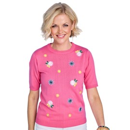 Chums Ladies Elegant Embroidered Floral Short Sleeve Jumper Fine Gauge Knit Rose 16-18