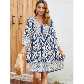 Qearal Women's Summer Dresses Plus Size 3/4 Puff Sleeve Floral Dress Boho Vacation Dress Cover Up Navy Blue XXL