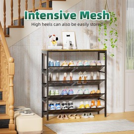 Ekisemio Shoe Rack, 5-Tier Shoe Organizer with Storage Shelves for Entryway, Shoe Shelf Holds 16-20 Pairs of Shoes, Adjustable, Industrial, Rustic Brown and Black