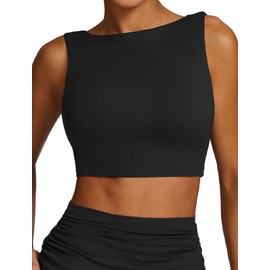 FEOYA Longline Sports Bra for Women High Impact Wirefree Running Workout Compression Bra Exercise Yoga Padded Crop Tops Black