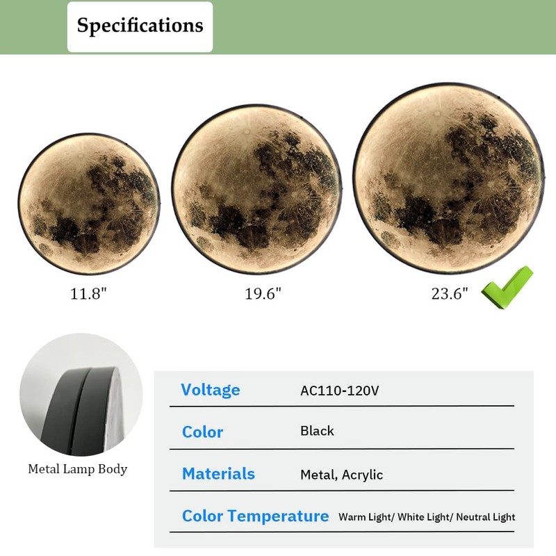 Aeyee Modern Moon Wall Sconce Lighting, Dimmable Nightlight with Remote
