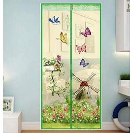 Magnetic Fly Screens Automatically Mosquito Mesh Curtain for Doors Keep Insects Out Mosquito Door Screen Without Drilling (Green Windmill)