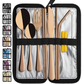 Portable Travel Utensils, Reusable Silverware with Case for Fixing Tableware, 9 Pieces Stainless Steel Stable Flatware Set, Camping Picnic Cutlery Set (Rose Gold Set)