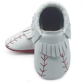 OWLOWLA Baby Moccasins Soft Sole Leather Baby Shoes Infant Toddler Pre-Walker Shoes Baby Boy Girl(Baseball,6-12months)