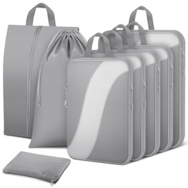 8 Set Compression Packing Cubes Travel, Expandable Travel Cubes for Carry on Luggage, Suitcase Organizer Compression Bags for Travel Essentials, Grey
