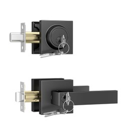 Foxgard Exterior Door Lock Set, Front Entry Door Locksets with Deadbolt, Keyed Alike Square Door Lever with Single Cylinder Deadbolts Combo Pack,1 Pack, Matte Black