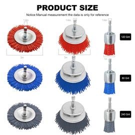 9Pcs Nylon Filament Abrasive Wire Brush Wheel & Cup Brush Set with 1/4 Inch Hex Shank 3 Sizes and Color Nylon Drill Brush Set Remove Rust, Corrosion, Paint, 80 Grit, 120 Grit, 240 Grit
