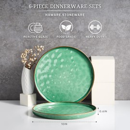 HaWare Stoneware Dinner Plates Set of 6, 10" Heavy Duty Ceramic Plate, Reactive Glaze Ripple Dinnerware for Home Restaurant, Chip and Scratch Resistant, Microwave and Dishwasher Safe, Reactive Green