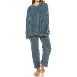 Womens Fleece Fluffy Comfortable Cozy Pajama Set Pullover Lounge Home Warm Wear for Winter Blue