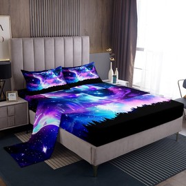 Northern Light Bed Sheet Set Colorful Galaxy Wolf Fitted Sheet for Kids Children Teens Starry Sky Aurora Bedding Set Howling Wolf Wild Animal Bed Cover Bedroom Decor Bedding Sheet Queen Size 4Pcs