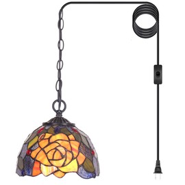 Small Tiffany Pendant Light Stained Glass Plug in Hanging Lamp 8 Inch Adjustable Height Hanging Chandelier Pendant Fixture for Home Kitchen Island Dining Room Hallway (Purple Yellow Rose Style)