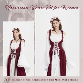 WILDPARTY Renaissance Dresses Medieval Costume for Women Flower Crown Elf Ear Choker Necklace Leather Belt Fairy