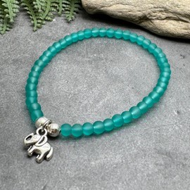 Sea Green Frosted Glass Bead Bracelet with Silver Plated Elephant Charm on Elastic : Medium 7.5 inches