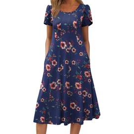 Zeagoo Ladies Summer Dresses Short Sleeve Midi Dresses with Pockets Women Floral Boho Dress Pleated A Line Dress, Navy Flower,S