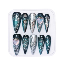 CAMILCY Press on Nails Handmade Nails Luxury Reusable Fake Nails For Girls long Almond Armor Tip Blue Silver Diamonds HandPainted Salon Loveful Design Acrylic GelUV Finished 3DNails 10PCS(A46, L)