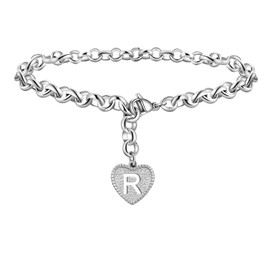 Silver Initial Charm Bracelet Stainless Steel Heart Letter Alphabet Bracelet for Women Men (R)