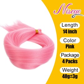 NISEYO Kinky Straight Crochet Hair Bundles 14 Inch Pink Kinky-yaki Bone Straight Braiding Hair Pre-Stretched Vixen Crochet Braids Soft Synthetic Yaki Texture Extension for Women (Pink, 4 Bundles)