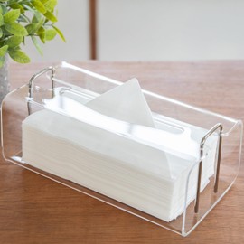 Acrylic Tissue Box Holder Rectangle​ with Curved Design - Decorative Modern Crystal Clear Tissue Box Cover with Silver Metal Accents for Home/Office Décor